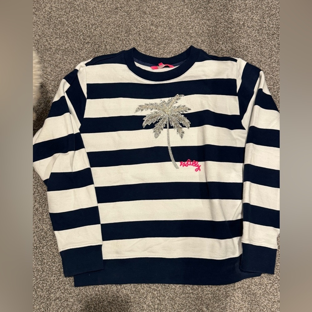 Lilly Pulitzer Ballad Sweatshirt Cotton Striped Beaded Palm Low Tide Navy